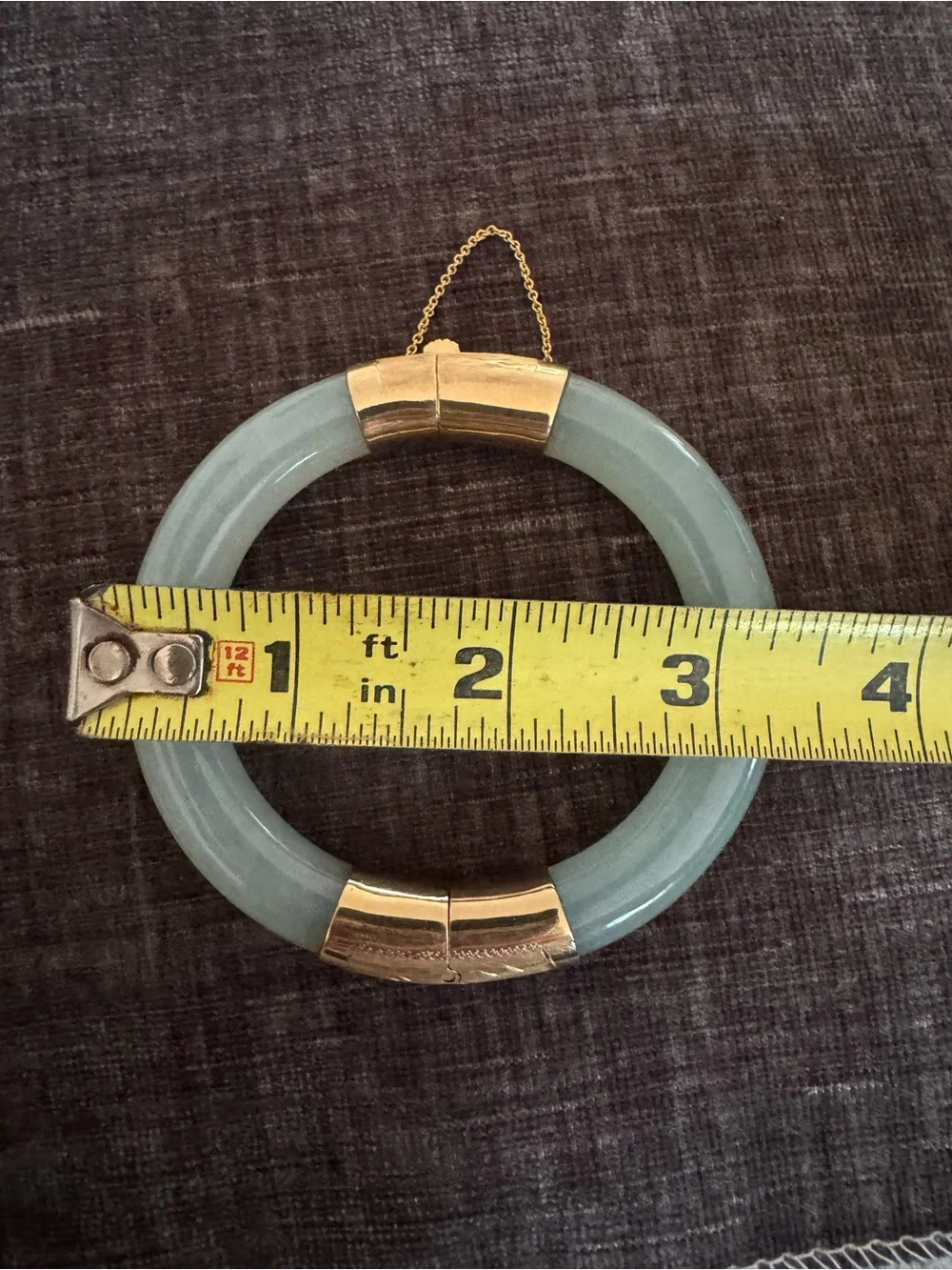 Vintage 14K Yellow Gold, Engraved Hinge and Plunger Clasp Jadeite Jade Bangle